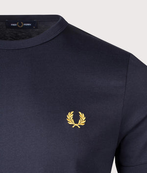 Fred Perry Ringer T-Shirt in Navy/Honeycomb. Shot at EQVVS. Detail shot. 