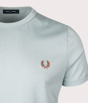 Fred Perry Ringer T-Shirt in Silver Blue at EQVVS. Detail Shot.