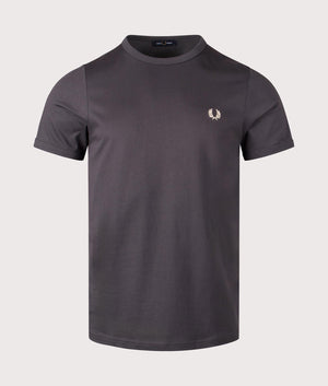 Fred Perry Ringer T-Shirt in Anchor Grey. Shot at EQVVS. Front shot. 