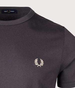 Fred Perry Ringer T-Shirt in Anchor Grey. Shot at EQVVS. Detail shot.