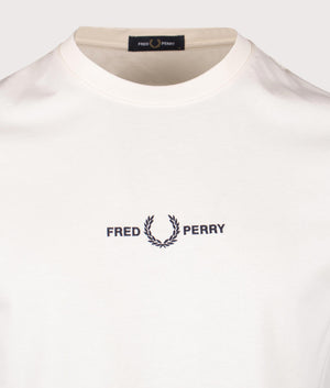 Fred Perry embroidered T-shirt in Ecru, 100% cotton at EQVVS. Detailed logo shot. 