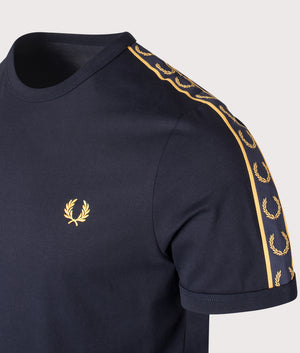 Fred Perry, Contrast Tape Ringer T-Shirt, Navy/ Honeycomb, Eqvvs Menswear, detailed shot angle