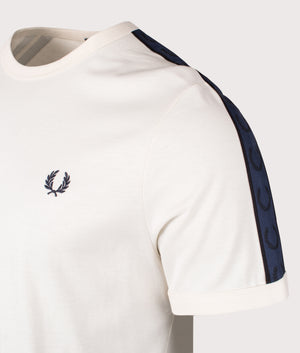 Fred Perry Contrast Tape Ringer T-Shirt in Ecru. Shot at EQVVS.  Detail shot.