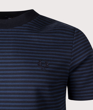 Fred Perry Fine Stripe T-Shirt in Navy/Tennis Blue. Shot at EQVVS. Detail shot. 