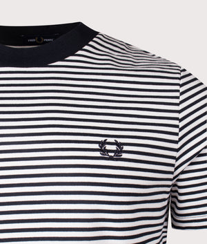 Fred Perry Fine Stripe T-Shirt in Navy/Snow White. Shot at EQVVS. Detail shot.