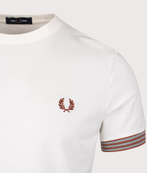 Fred Perry Striped Cuff T-Shirt in Light Ecru. Shot at EQVVS.  Detail shot. 