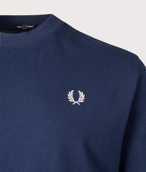 Fred Perry, Embroidered Champion T-Shirt, Tennis Blue, Eqvvs Menswear, detailed shot angle