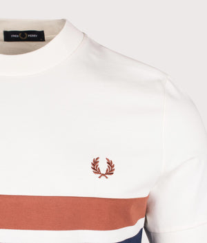 Fred Perry panelled T-shirt in Ecru, 100% cotton. Detailed logo shot. 