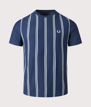 Fred Perry Striped Crepe Pique T-Shirt in Tennis Blue, 100% cotton. Front shot. 