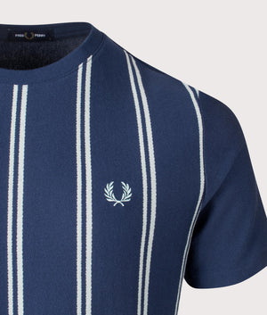 Fred Perry Striped Crepe Pique T-Shirt in Tennis Blue, 100% cotton. Detailed logo shot. 