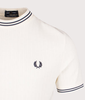 Fred Perry Ribbed jersey T-shirt in Ecru, 100% cotton at EQVVS. Detailed logo shot. 