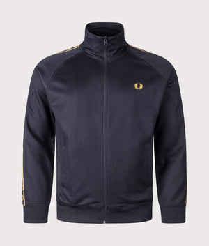 Fred Perry Contrast Tape Track Jacket in Navy/Honeycomb at EQVVS. Front shot.