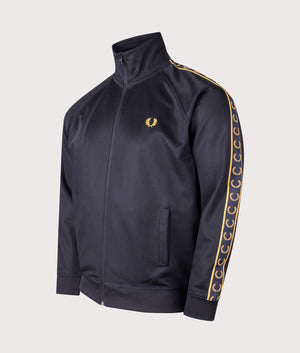 Fred Perry Contrast Tape Track Jacket in Navy/Honeycomb at EQVVS. Side shot. 