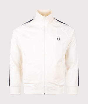 Fred Perry Contrast Tape Track Jacket in Ecru/Tennis Blue at EQVVS. Front shot.