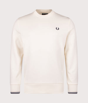 Fred Perry Crew Neck Sweatshirt in Ecru/Tennis Blue. Shot at EQVVS. Front shot. 