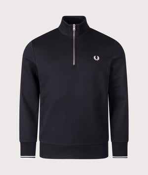 Fred Perry Quarter Zip Sweatshirt in Black, 100% Cotton at EQVVS. Front Shot. 