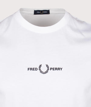 Fred Perry Embroidered White T-shirt, 100% Cotton at EQVVS. Front detailed logo shot. 