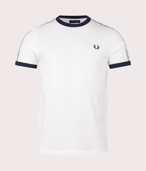 Fred Perry Taped Ringer T-Shirt in White at EQVVS. Front Angle Shot.