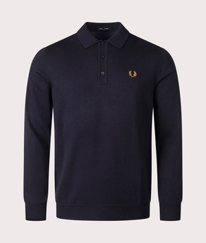 Fred Perry Long Sleeve Knitted Polo Shirt in Navy at EQVVS Menswear Front Shot