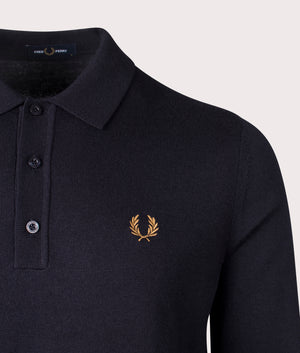 Fred Perry Long Sleeve Knitted Polo Shirt in Navy at EQVVS Menswear Detail Shot