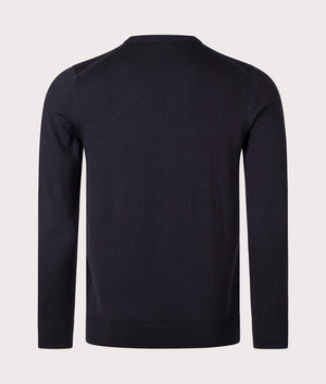 Fred Perry Classic Crew Neck Jumper in Navy, 54% Merino Wool, 46% Cotton at EQVVS. Back Shot. 