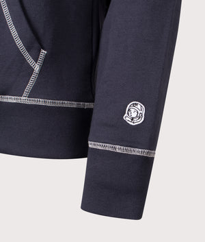 Billionaire Boy's Club Puff Small Arch Logo Contrast Stitch Hoodie in Navy. Shot at EQVVS. Detail shot. 