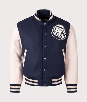 Arch Logo Varsity Jacket in Navy by Billionaire Boys Club. EQVVS Menswear Front Shot. 