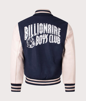 Arch Logo Varsity Jacket in Navy by Billionaire Boys Club. EQVVS Menswear Front Shot. 