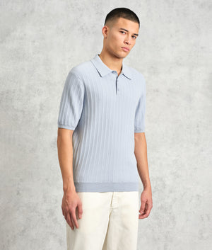 Wax London Naples Polo Shirt in Blue at EQVVS. Front Shot Model.