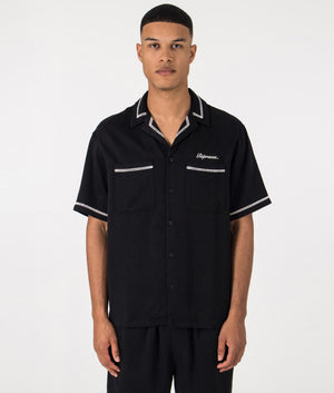 REPRESENT Relaxed Fit Resort Shirt in Jet Black. Front angle model shot at EQVVS.