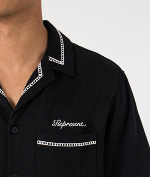 REPRESENT Relaxed Fit Resort Shirt in Jet Black. Detail angle model shot at EQVVS.