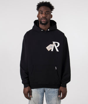 Luggage Tag Hoodie in Jet Black by Represent. EQVVS Model Shot.