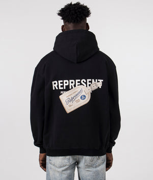 Luggage Tag Hoodie in Jet Black by Represent. EQVVS Model Shot. 