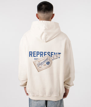 Luggage Tag Hoodie in Antique White by Represent. EQVVS Model Shot. 