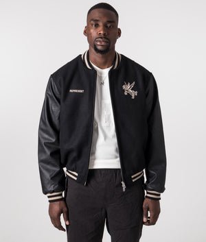 Bellerophon Wool Varsity Jacket in Jet Black by Represent. EQVVS Model front Shot. 