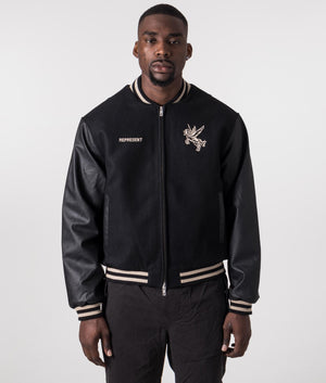 Bellerophon Wool Varsity Jacket in Jet Black by Represent. EQVVS Model Full zip Shot. 