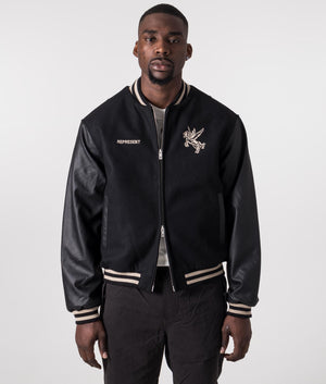 Bellerophon Wool Varsity Jacket in Jet Black by Represent. EQVVS Model zip up Shot. 