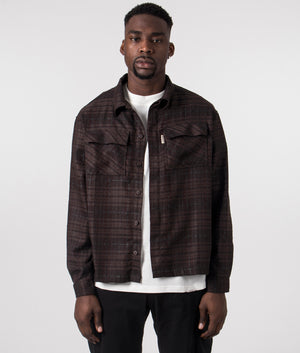 Oversized Rep Flannel Shirt in Coffee from REPRESENT. Back detail open shirt model shot at EQVVS.