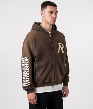 Represent, Masking Tape Initial Zip Hoodie, cedar, Eqvvs Menswear, side shot angle