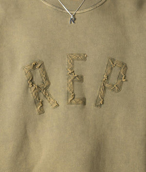 Rep Applique Sweatshirt in Fawn by Represent. EQVVS Model Detail Shot. 