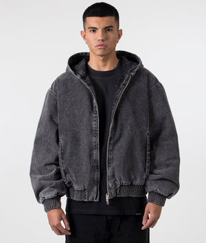 Represent Relaxed Fit R5 Hooded Denim Bomber Jacket in Charcoal Grey at EQVVS Menswear Front open Shot