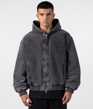 Represent Relaxed Fit R5 Hooded Denim Bomber Jacket in Charcoal Grey at EQVVS Menswear Front Shot