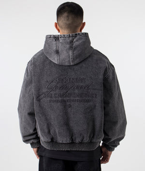 Represent Relaxed Fit R5 Hooded Denim Bomber Jacket in Charcoal Grey at EQVVS Menswear Back Shot