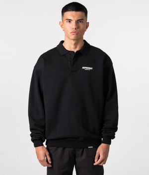 Represent Owners Club Polo Collar Sweatshirt in Black. EQVVS Model Shot. 