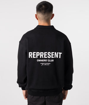 Represent Owners Club Polo Collar Sweatshirt in Black. EQVVS Model Shot. 