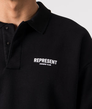 Represent Owners Club Polo Collar Sweatshirt in Black. EQVVS Model Shot. 