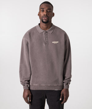 Represent Owners Club Polo Collar Sweatshirt in Fog. EQVVS Model Shot. 