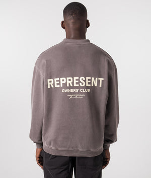 Represent Owners Club Polo Collar Sweatshirt in Fog. EQVVS Model Shot. 