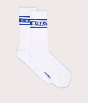 Represent, Represent Owners Club Socks, flat white/ colbalt, Eqvvs Menswear, front shot angle