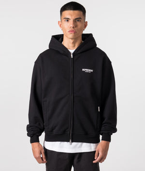 Represent Owners Club Zip Through Hoodie in Black. EQVVS Model Shot. 